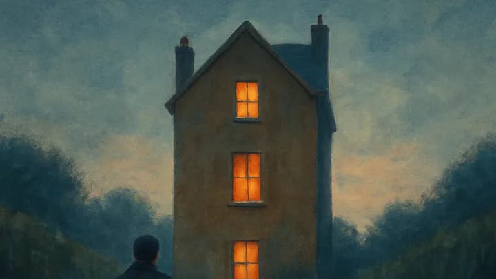 A narrow tea-colored house at dusk with mismatched glowing windows as a small figure carrying a drawing board approaches up a hedge-lined lane.