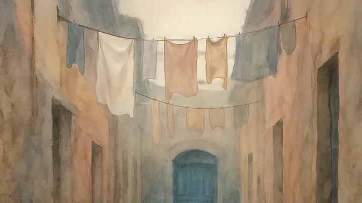 A narrow cobblestone alley in soft afternoon light leading to a weathered blue door, with laundry overhead and marigolds in a dry fountain basin.