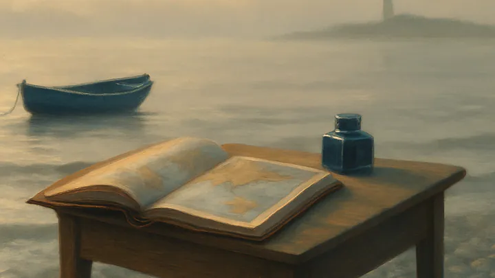 A wooden desk with an open atlas and blue ink on a pebble beach, a small empty rowboat offshore, and a distant lighthouse at golden hour.