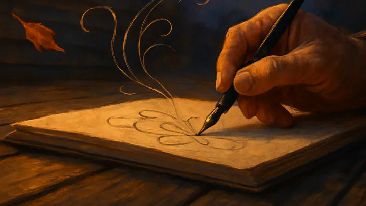 An older man's hand draws curling lines on a sketchbook at dusk as autumn leaves lift from the page into a deep blue evening sky.