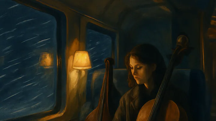 A young woman sits beside an upright cello on a dimly lit night train as snow streaks past the dark windows.
