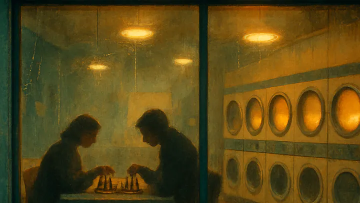 A rain-streaked laundromat window at dusk, two silhouetted figures hunched over a small chessboard beneath warm yellow light.