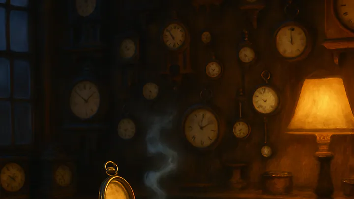 An open brass pocket watch on a velvet bench in a lamplit clock shop, a faint blue wisp curling upward from its gears.