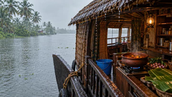 A thatched Kerala houseboat moored on a rainy lake, a clay pot of red fish curry steaming in its galley and a blue bucket under a leak.