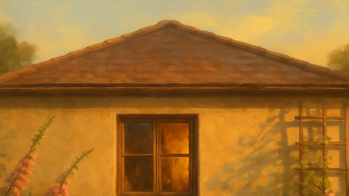 A quiet sand-colored bungalow at golden hour with foxgloves, a stone bench, and a steaming teacup against a weathered garden wall.