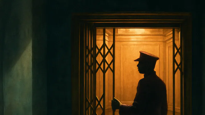 A vintage brass-caged elevator glowing amber in a dim corridor, a uniformed operator silhouetted inside with a hand on the lever.