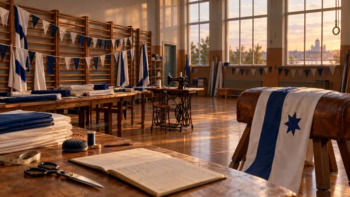 A white flag with a dark blue stripe and star spread on a vaulting horse in a 1950s school gym filled with bunting and a treadle sewing machine.