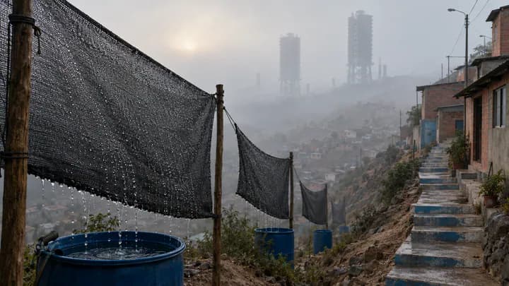 Black fog-catching nets on wooden poles on a misty hillside above Lima, dripping into blue water drums beside concrete stairs.