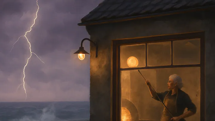 Illustration of a glassblower lifting a glowing rod toward a violet storm sky from a small seaside workshop at the end of a stone pier.