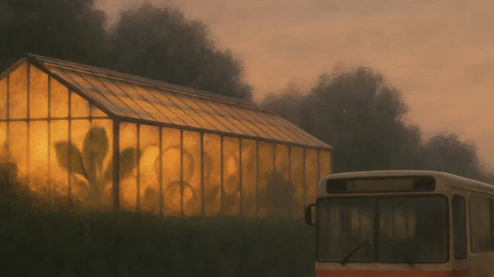 A glowing glass greenhouse at dusk behind a tall hedge, with a city bus idling on the empty road outside in warm amber light.