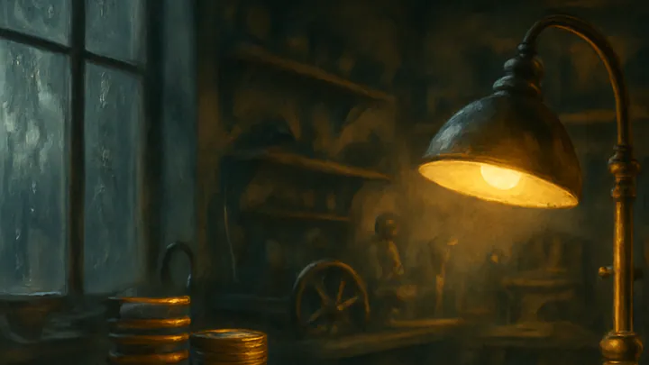 A small iron lock and a trefoil-shaped key on green felt, glowing under lamplight in a cluttered inventor's workshop with brass gears and a rainy window.