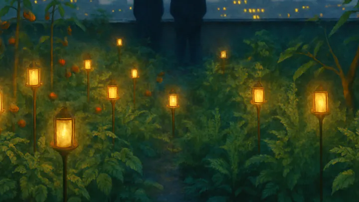 Rooftop garden at dusk with rows of small glowing lanterns among plants and two silhouetted figures looking out over a softly lit city.