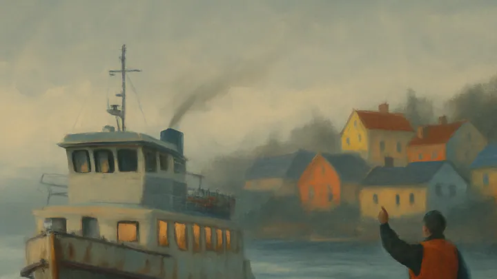 A small ferry departs a wooden dock at dawn while a lone figure in an orange vest raises a hand in farewell, with a misty village behind him.