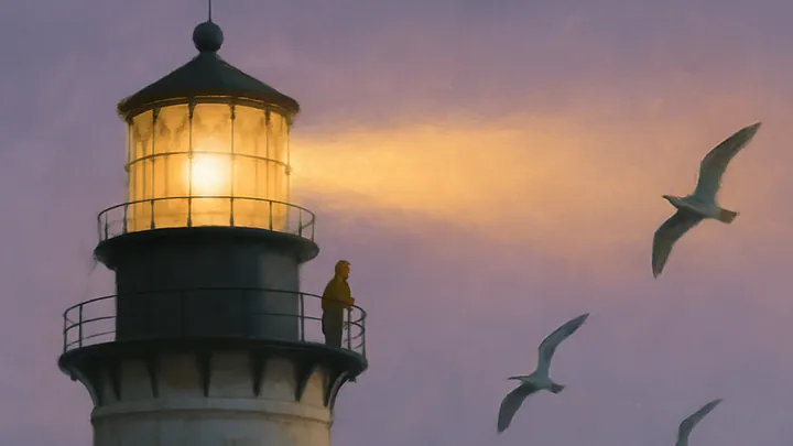 Illustration of a coastal lighthouse at dusk with a glowing lamp and a small figure on the gallery rail, sea spray suspended in the air.