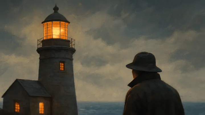 A small brown dog sits beside an elderly figure on a cliff path below a lit stone lighthouse at winter dusk.