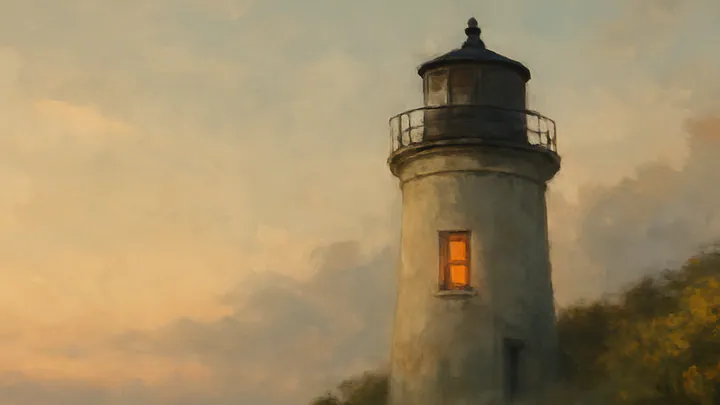 A weathered pale lighthouse at dusk on a misty headland, one window glowing warmly, with a leather satchel and letter resting on the stone step.