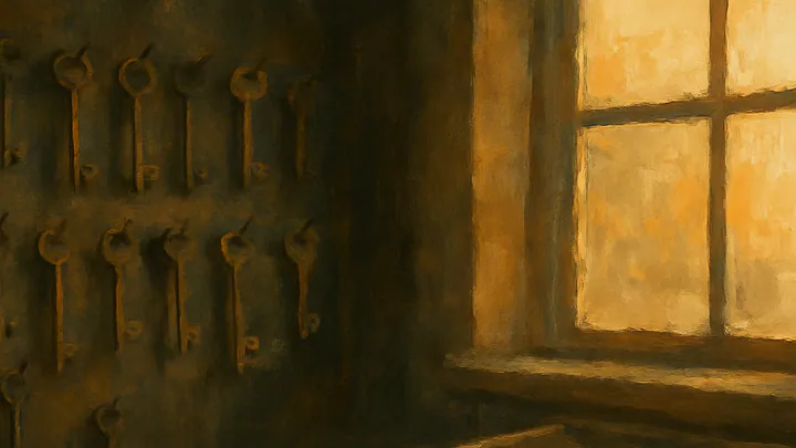 A wooden workbench in a dim workshop covered with dozens of old brass keys, one green enamel key resting apart in warm afternoon light.