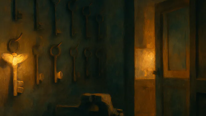 A wall of antique brass keys in a dim locksmith's shop, with one moth-shaped key glowing softly near a half-open door spilling warm light.