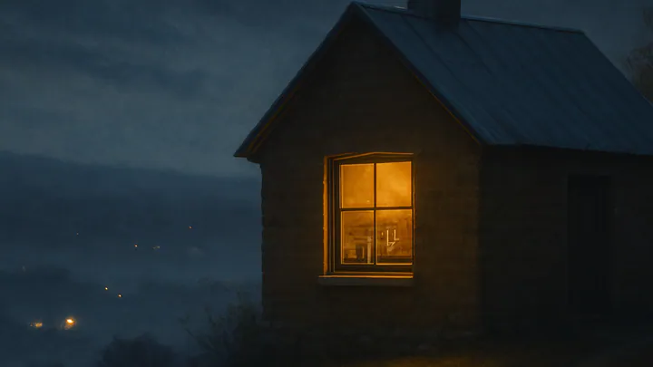 A small brick cottage glowing with amber light on a misty autumn hilltop above a sleeping town at night.