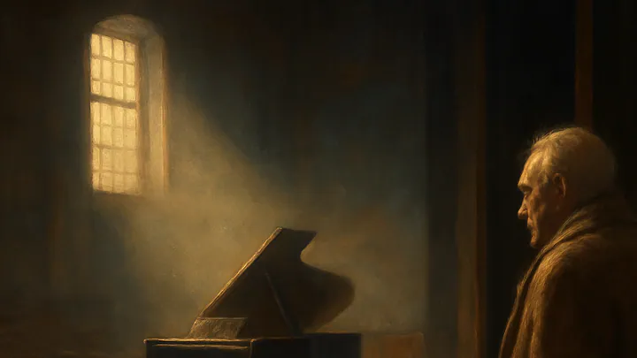 An elderly figure stands in the wings of a dusty concert hall watching a lone grand piano lit by a shaft of window light.