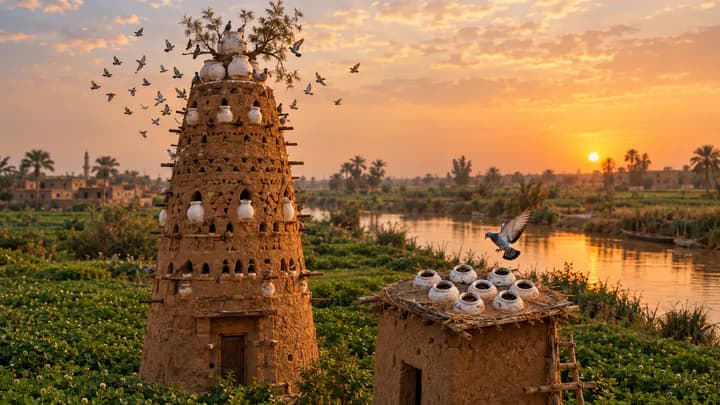 A grey pigeon landing on a small clay-pot roost beside a tall mud-brick dovecote tower in a Nile Delta village at dusk.