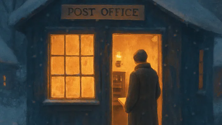 A small village post office glowing amber at dusk while a figure in a wool coat holds an envelope in the snowy doorway.