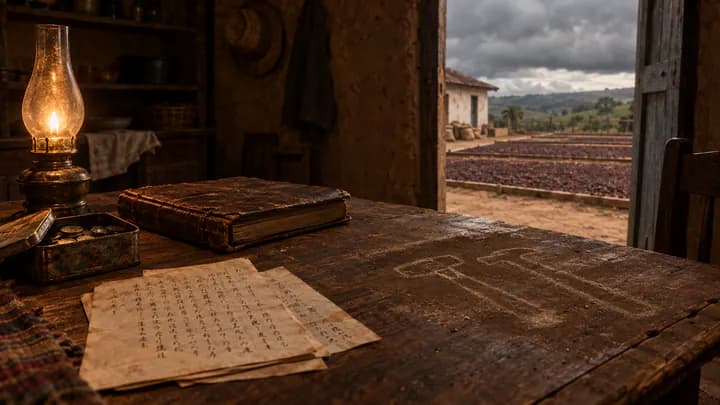 Handwritten letters, a ledger and a tin box on a wooden table in a lamplit plantation house beside a rain-darkened coffee drying yard.