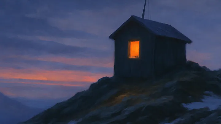 A small radio hut with a glowing window on a windswept mountain ridge beneath a violet dusk sky.