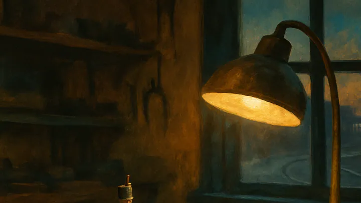 A faceless tin soldier resting on green felt beside a brass loupe on a warmly lit workbench, with a blue dusk window behind.