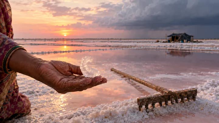 A woman's hand holding a single salt crystal above white brine pans, with a wooden rake and storm clouds in the distance.