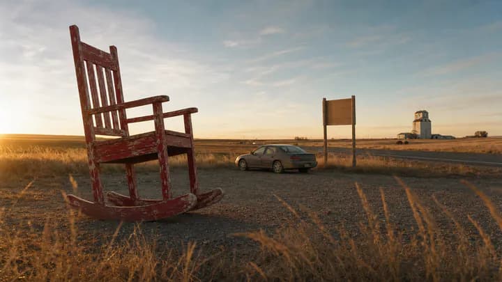 A giant weathered red rocking chair standing in a gravel lot beside an empty prairie highway at sunset