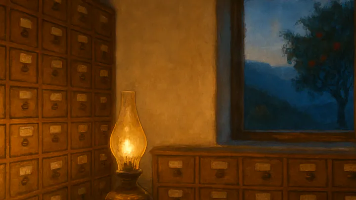 A small whitewashed mountain library lined with hundreds of hand-labeled wooden seed drawers, lit by a single lamp at dusk, with a paper packet and teacup on a wooden table.