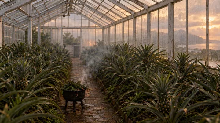 Smoke rising from a small iron brazier inside a rain-streaked whitewashed glasshouse full of pineapple plants at dusk