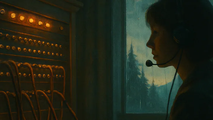 Illustration of a glowing vintage switchboard at night with a silhouetted operator in a headset and a rainy window behind her.