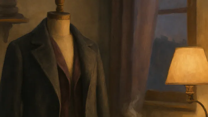 A charcoal wool coat with plum silk lining on a wooden dress form in a warmly lit tailor's back room, with thread spools and a steaming teacup nearby.