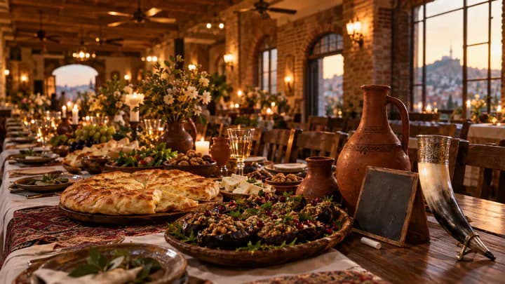 A Georgian wedding banquet table with cheese bread, aubergine rolls, amber wine jugs, a drinking horn and a small chalkboard.