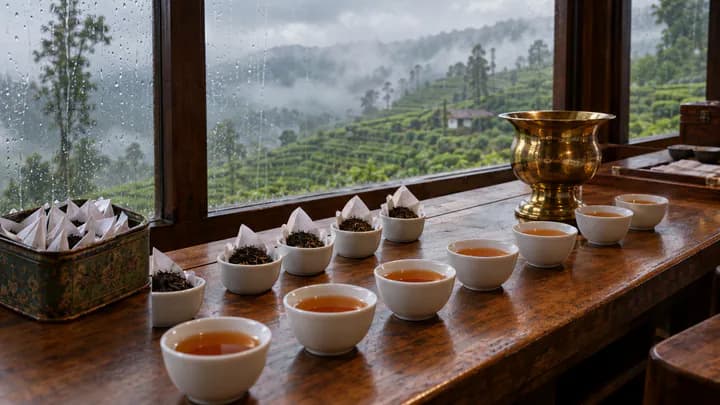 A tea tasting bench with white porcelain cups, a brass spittoon and an old tin of folded tea leaves before a rainy window over misty tea slopes.