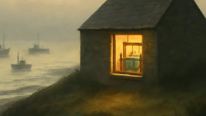 A lamplit coastal cottage at dawn with a wooden loom inside and quiet fishing boats in the misty harbor below.