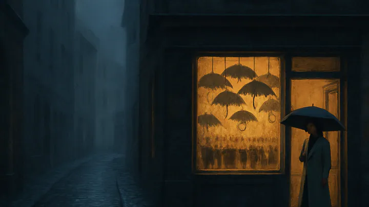 A young woman with a black umbrella stands outside a warmly lit repair shop on a rainy cobblestone street at dusk.