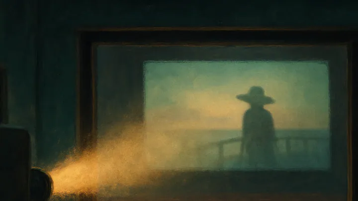 View from a cinema projection booth: a beam of amber light crosses dusty air toward a distant screen showing a woman in a wide hat on a pier.