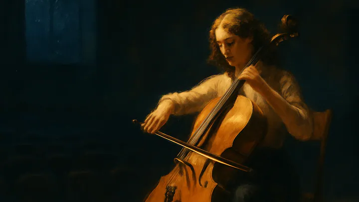 A lone cellist bathed in warm amber light on a dark concert-hall stage, with empty seats fading into blue shadow and snow beyond a high window.