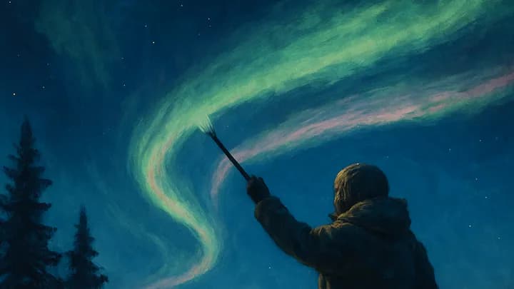 A figure on a snowy ridge lifts a long brush toward the night sky, trailing green and pink aurora light above a dark spruce valley.