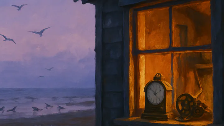 A brass clock on a windowsill of a seaside workshop at dusk, glowing lamplight spilling onto wet sand below.