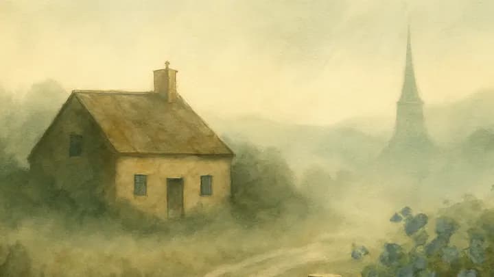 A cream envelope resting on a weathered wooden gate before a honey-colored cottage at the end of a misty village lane at dawn.