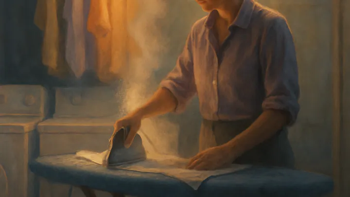 A woman ironing at a padded table in a warmly lit basement laundry, steam rising, folded garments hanging from an overhead pipe.