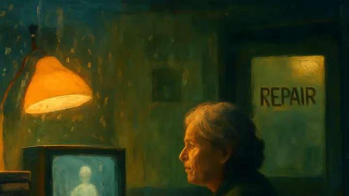Illustration of a woman in a small dim shop beside stacked videotapes and a softly glowing old monitor, warm lamplight against blue evening rain.