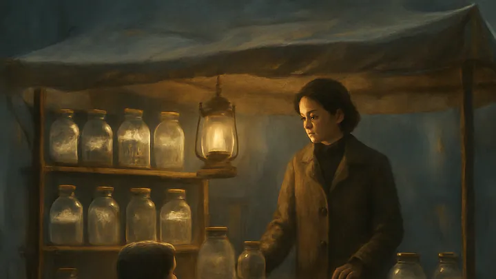 Illustration of a market stall at dusk with shelves of glass bottles holding tiny storms, a woman behind the counter and a child holding an empty jar.