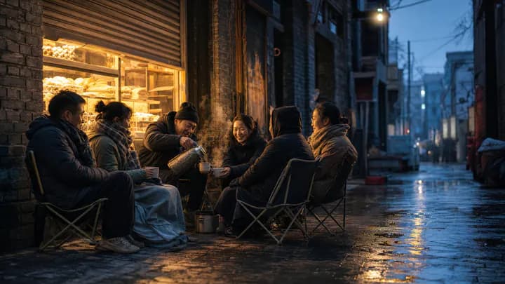People in winter coats waiting on folding chairs outside a small bakery with a glowing window at dawn on a wet street