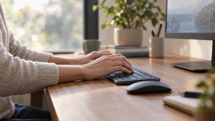 Hands typing on a flat keyboard with straight wrists level with the forearms, a mouse beside the keyboard on a wooden desk