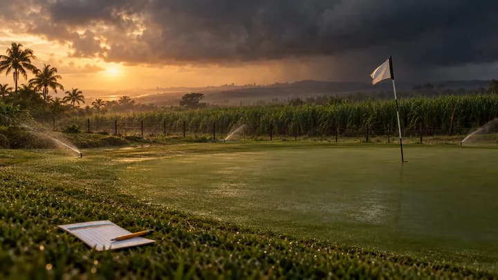 A wet golf green beside sugarcane fields under gathering storm clouds, with a scorecard and pencil lying on the grass.